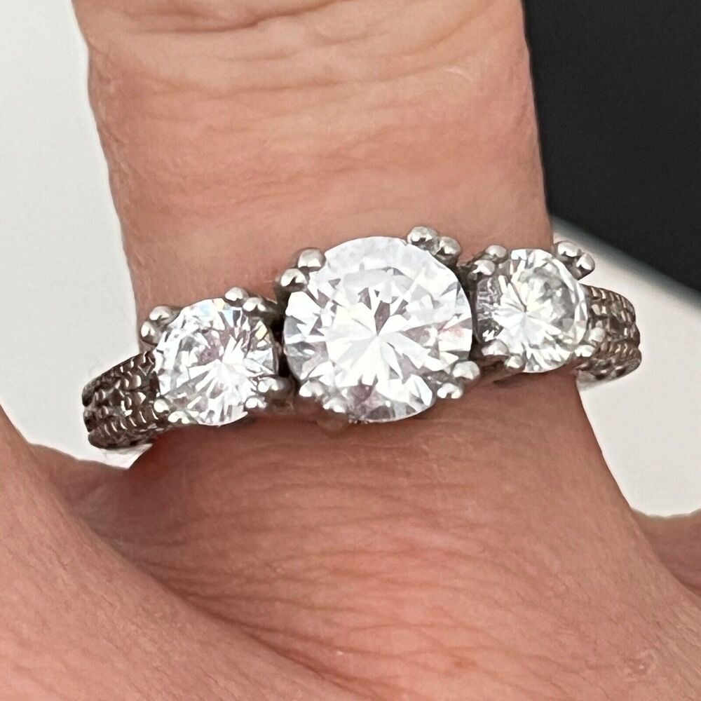 Sterling Silver Ring 925 CZ Three Stone Engagement Size 6.5 - 1E
